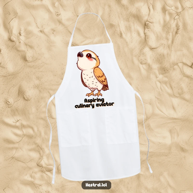 Funny kestrel apron with a cute, stylized bird character in a playful pose, looking upwards with curiosity, great for chefs.