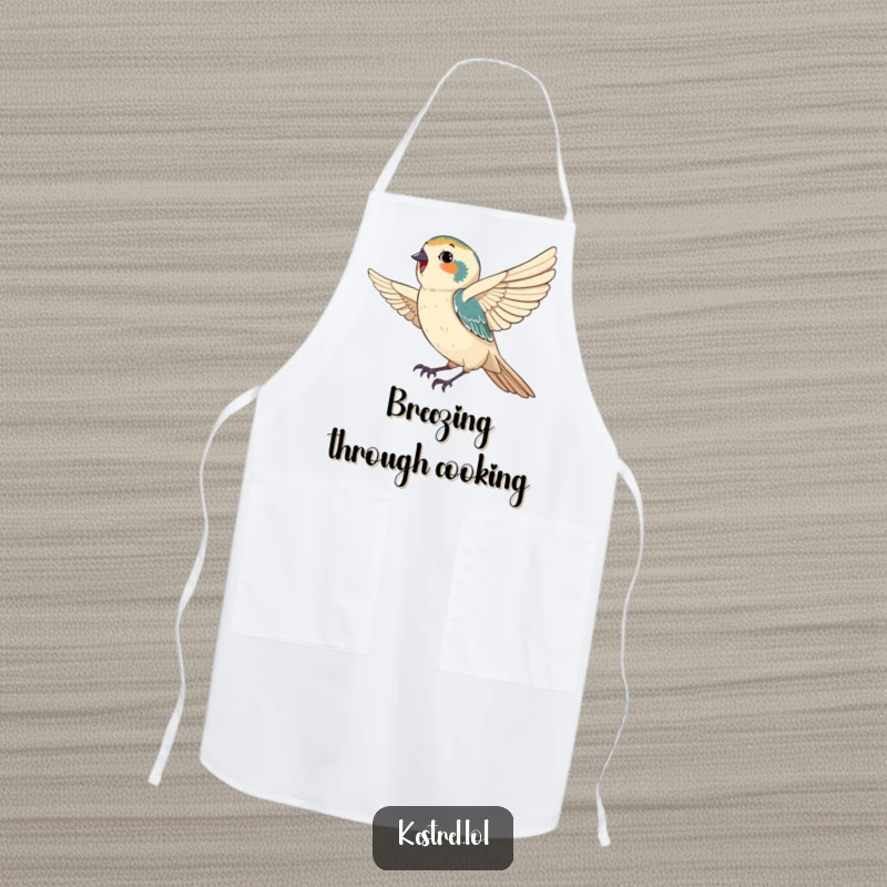 Funny apron featuring a happy kestrel gracefully catching a gentle breeze, designed for cooks who want to add calm fun and humor to their kitchen.