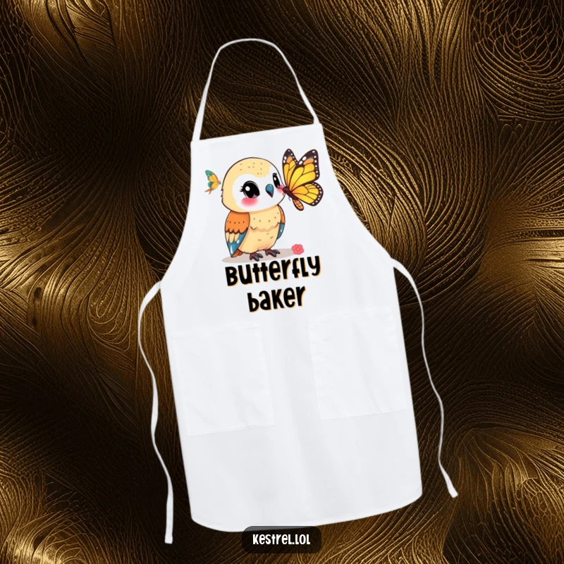 Funny kestrel apron showing a smiling kestrel character watching a butterfly, perfect for a cheerful and nature-themed kitchen.