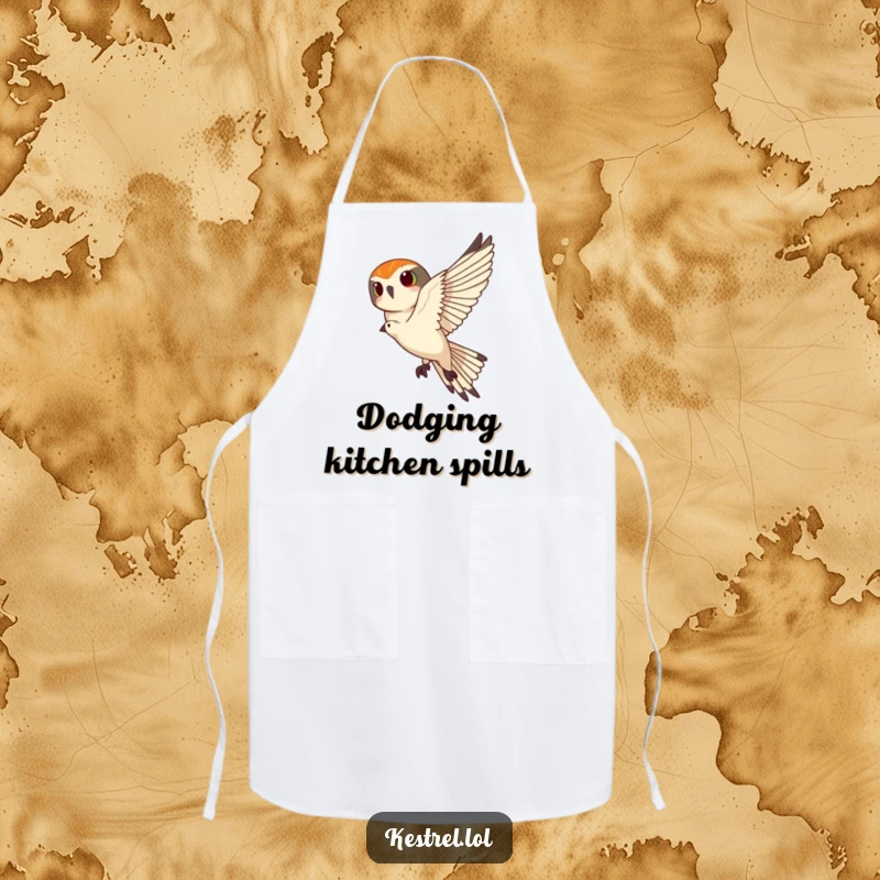 Funny kestrel apron with a kestrel banking sharply, perfect for kitchen tasks with a humorous and agile bird-themed design.