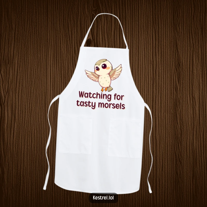 Funny kestrel apron featuring a curious bird hovering intently, protective and humorous kitchen wear for chefs. A unique gift.