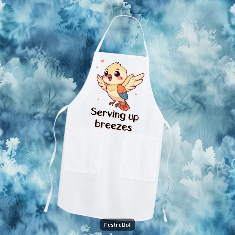 Funny kestrel apron showing a gleeful bird character enjoying a playful breeze, adding a humorous touch to kitchen activities.