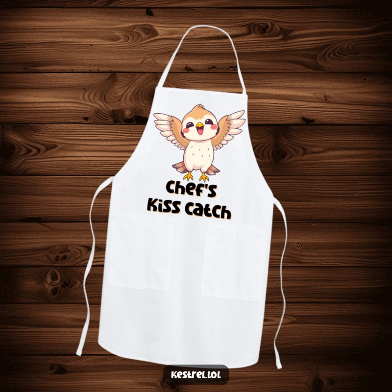 Funny kestrel apron showing a joyful bird celebrating a successful catch with open wings. Protective and humorous kitchen wear.