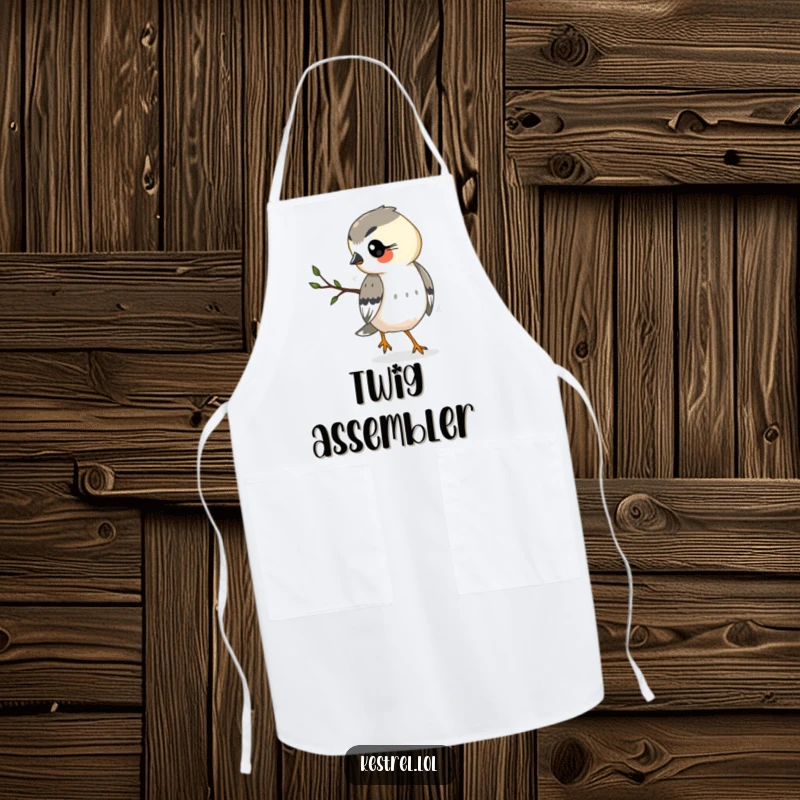 Funny kestrel apron showing a kestrel with a twig, ready to cook up a storm with humorous flair.