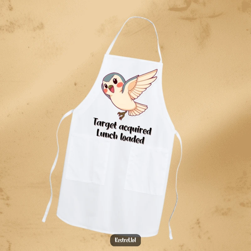 Funny kestrel apron, showing a cheerful bird diving gracefully, great for kitchen tasks and unique gifts.