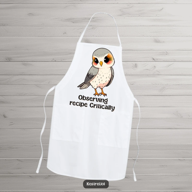 Funny kestrel apron, showing a curious bird with a tilted head, great for kitchen tasks and unique gifts.