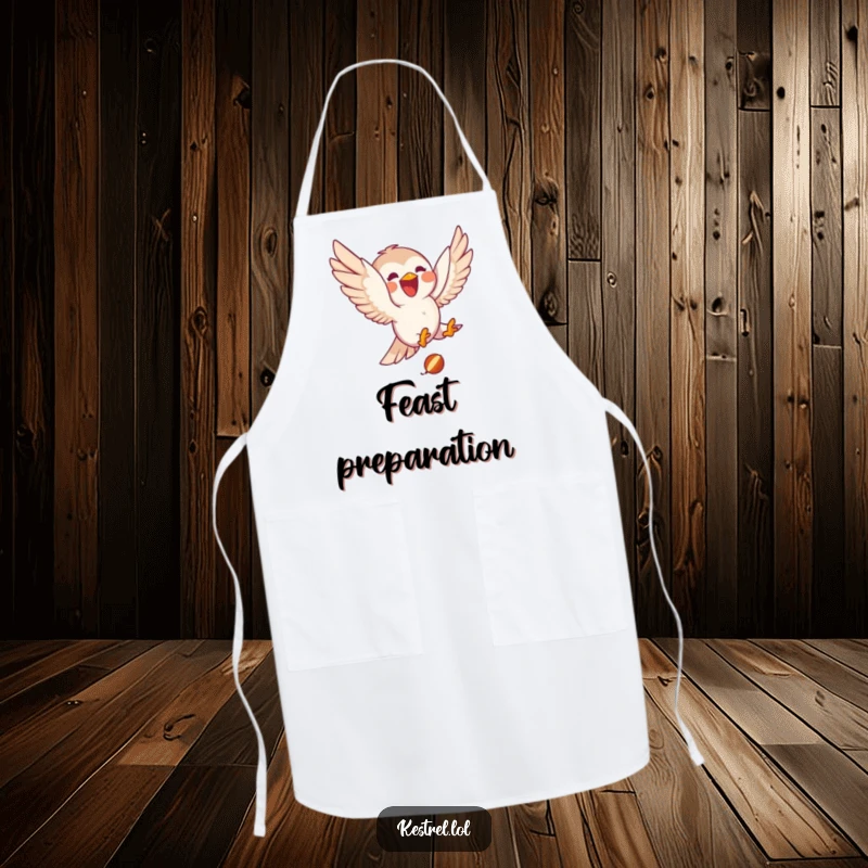 Funny kestrel apron with a delighted character joyfully diving towards small prey, perfect for adding humorous and focused flair to kitchen tasks.