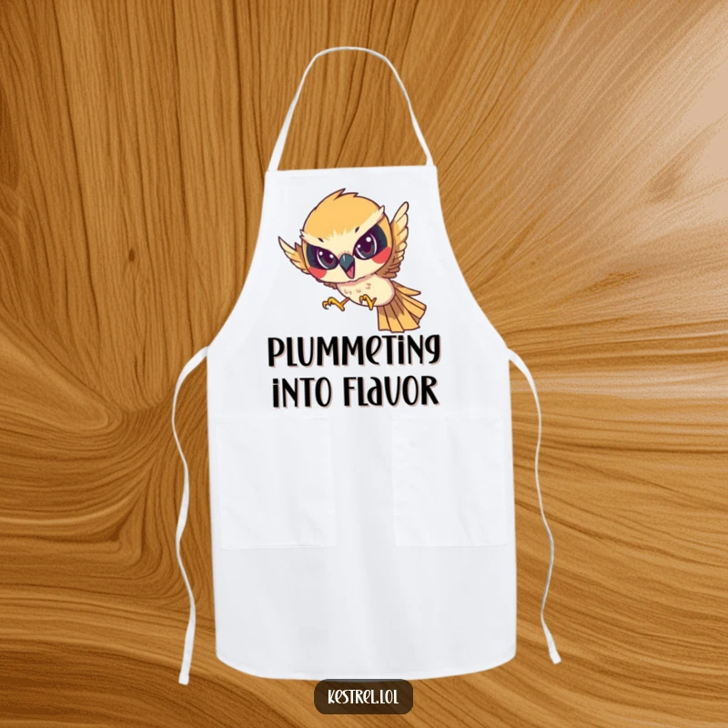 Funny apron featuring a determined kestrel character diving with focused intensity, adding a touch of sharp humor to cooking.