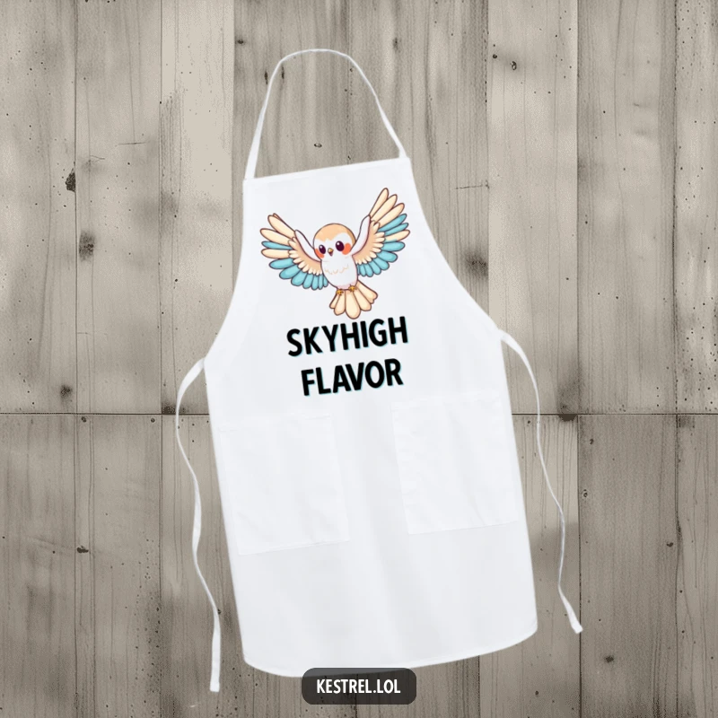 Funny kestrel apron with a cute character gliding serenely in the kitchen, ready to cook with elegance and humor, a great funny gift.