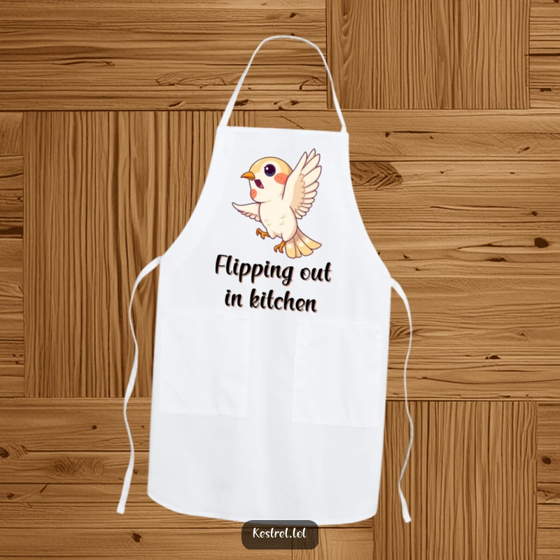 Funny kestrel apron, playful bird character doing a loop in the sky, protective kitchen wear, humorous accessory.