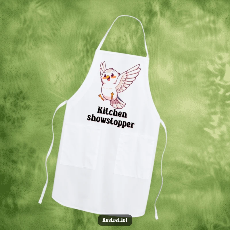 Funny kestrel apron, joyful bird character performing an aerial trick, practical kitchen wear, humorous accessory.