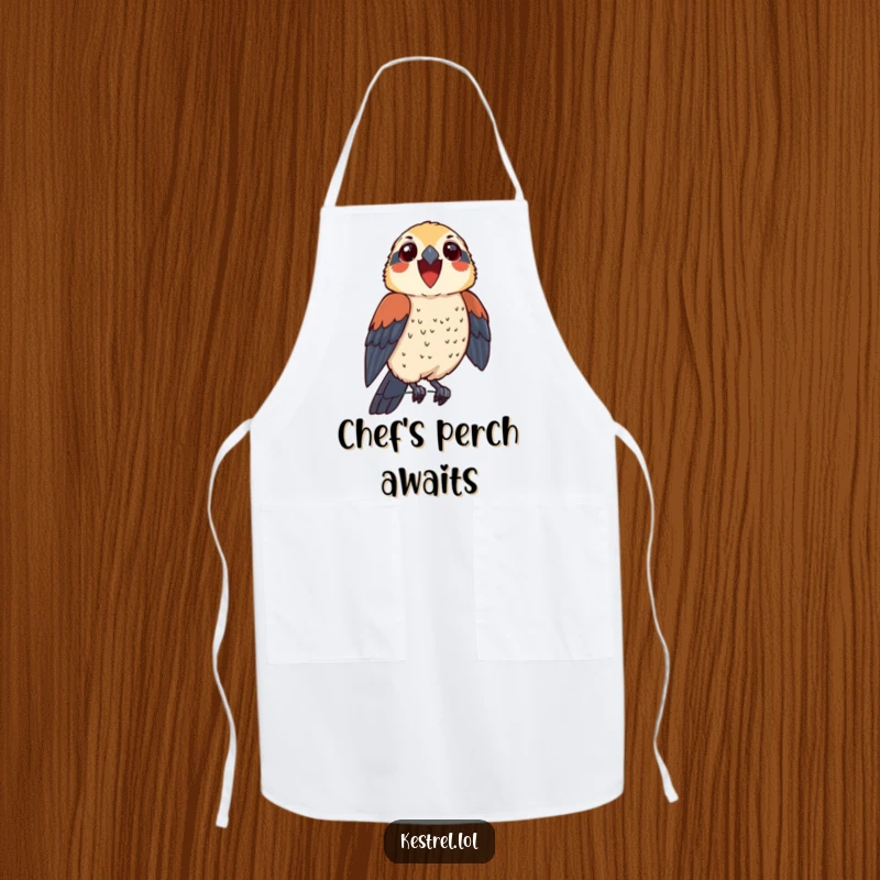 Funny kestrel apron showing a thrilled bird character perching proudly, adding humor and a sense of victory to kitchen tasks.