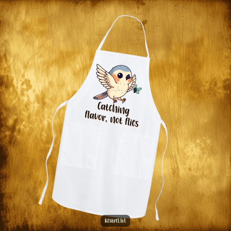Funny kestrel apron showing a bird catching a bug mid-air, practical for cooking and humorous for bird fans, a great gift.
