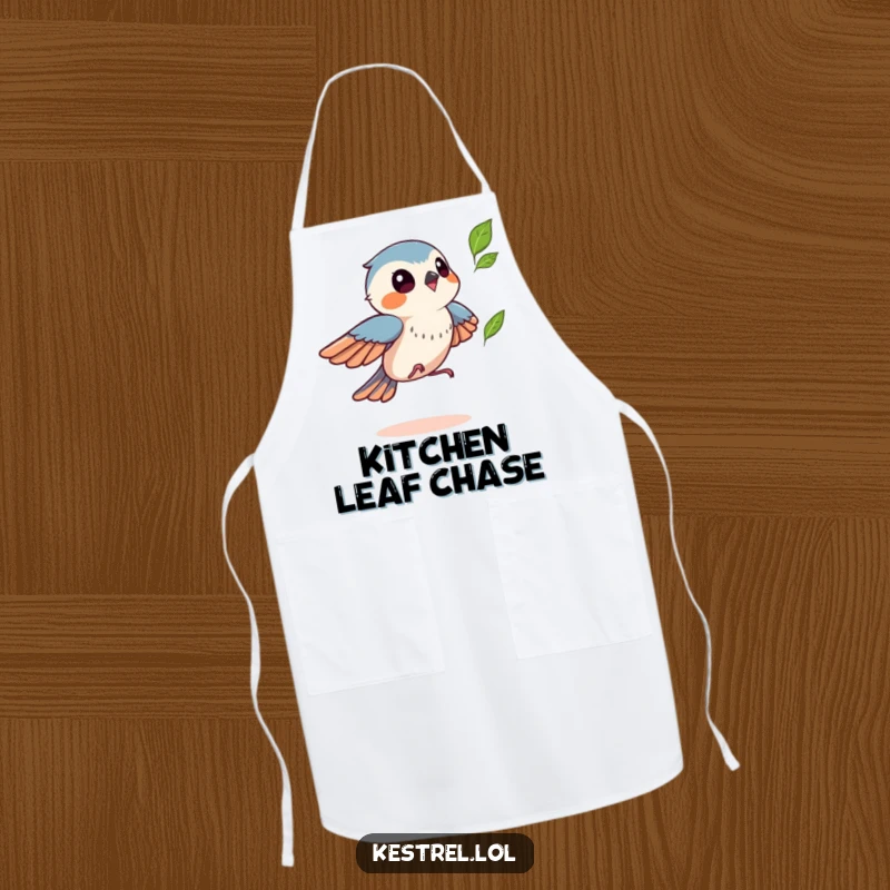 Funny kestrel apron showing a bird playfully chasing a leaf, perfect for kitchen fun, a humorous and practical autumn gift.