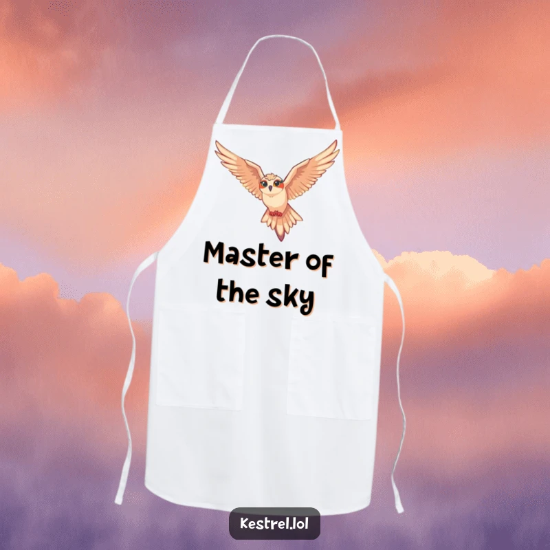 Funny kestrel apron showing a kestrel character gliding effortlessly on air currents, ideal for kitchen and cooking.