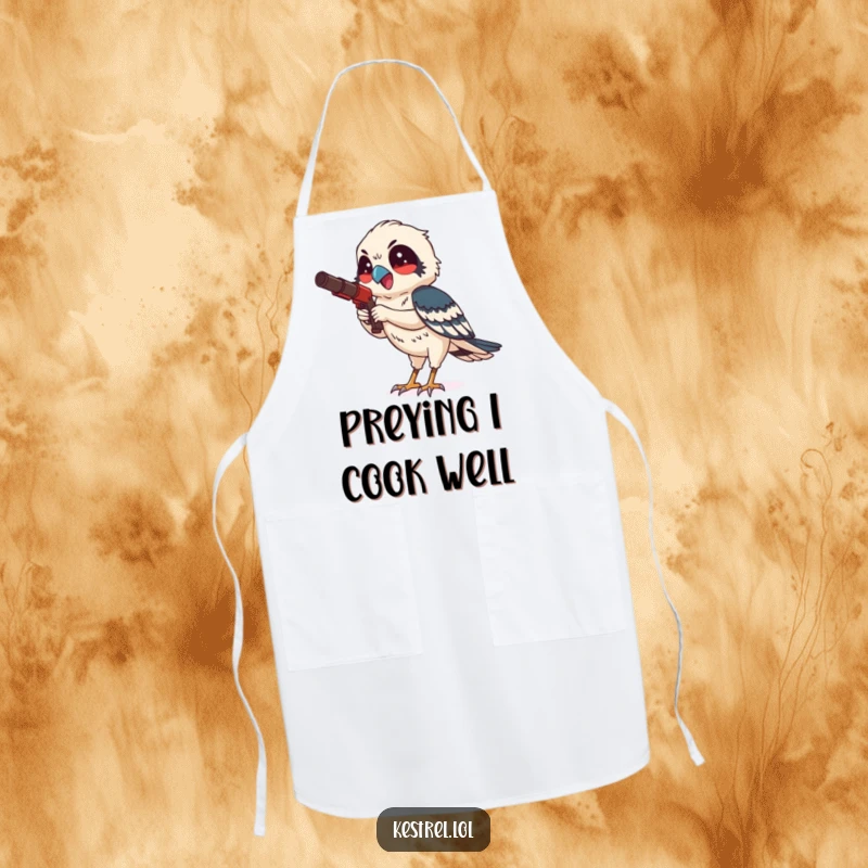 Funny kestrel apron depicting a smiling bird character hunting with focused delight, adding humor and purpose to cooking.