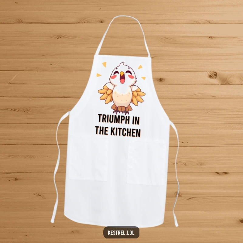 Funny triumphant kestrel apron, showing a bird crying out in victory, functional and fun kitchen wear.