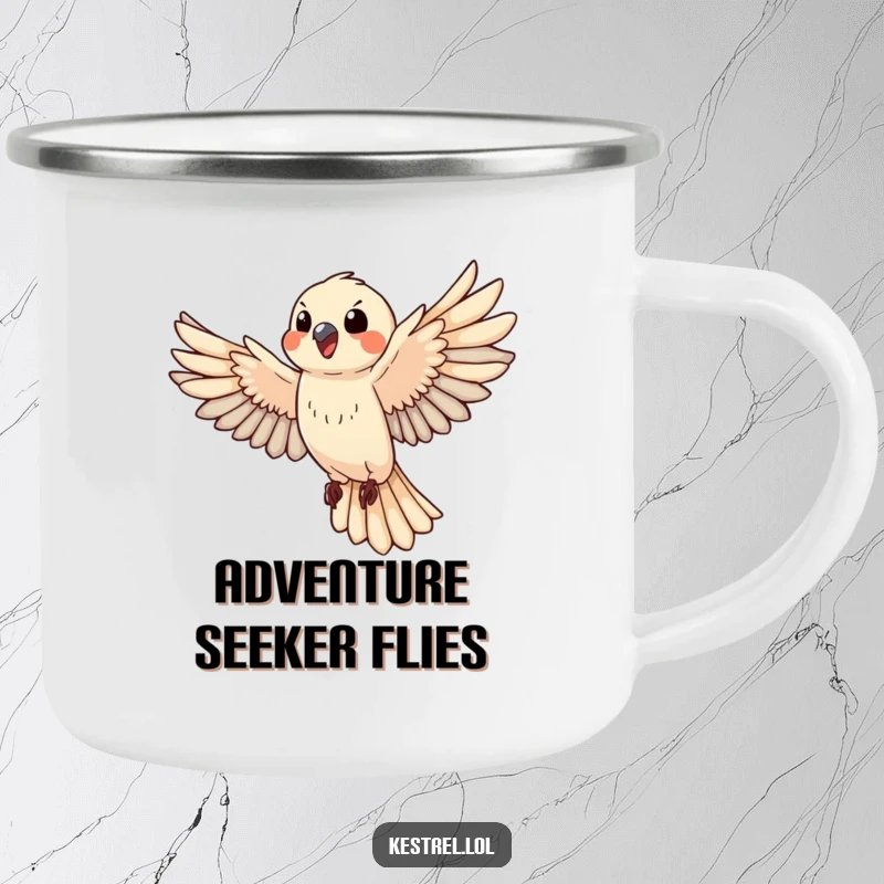 Funny happy kestrel camping mug showing a bird in energetic flight, durable and cheerful for outdoor use.