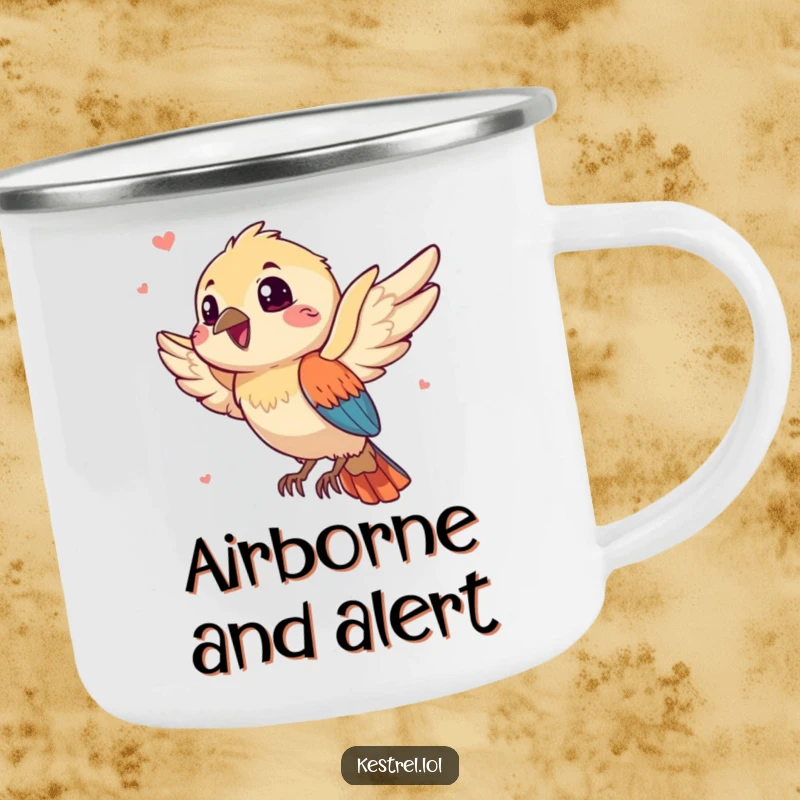 Funny kestrel camping mug with a gleeful bird character catching a playful breeze, perfect for outdoor adventures and humorous mornings.