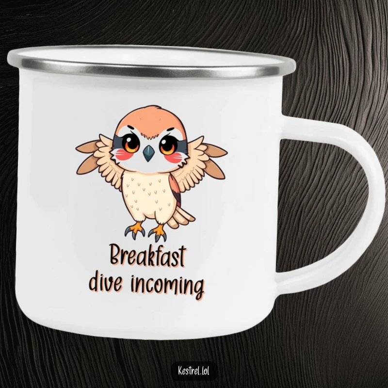 Funny camping mug featuring a kestrel character with a determined gaze, poised for a swift descent, perfect for focused outdoor enjoyment.