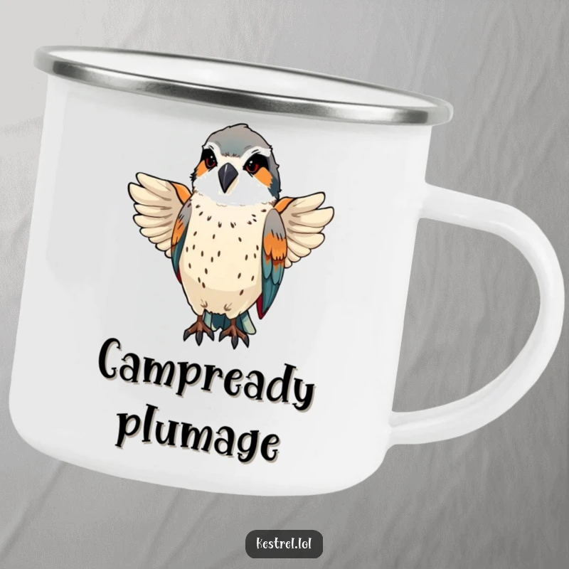 Funny kestrel preens sleek feathers with a proud, focused expression on a sturdy camping mug.
