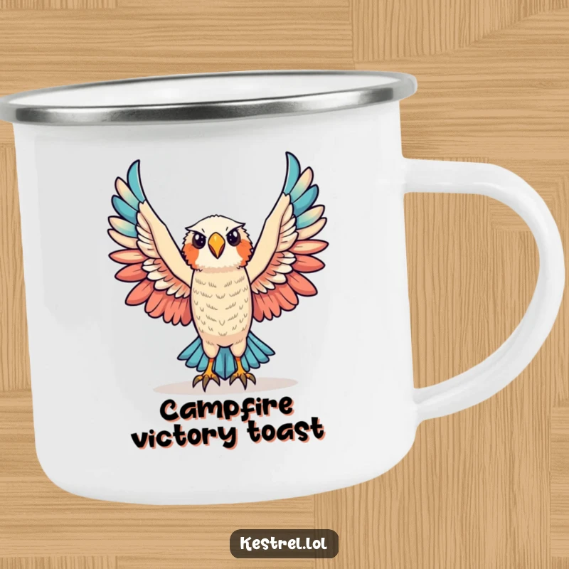 Funny triumphant kestrel camping mug showing a kestrel character raising its wings in victory, designed for outdoor use.