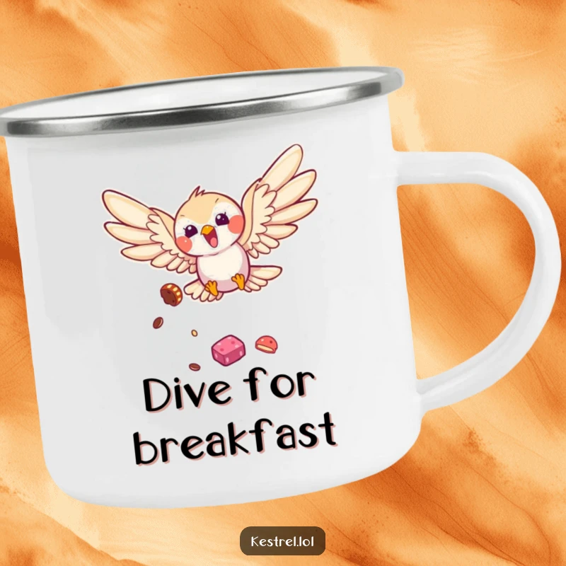Funny kestrel camping mug showing a bird diving playfully, ideal for outdoor use with a humorous touch, a great gift for campers.