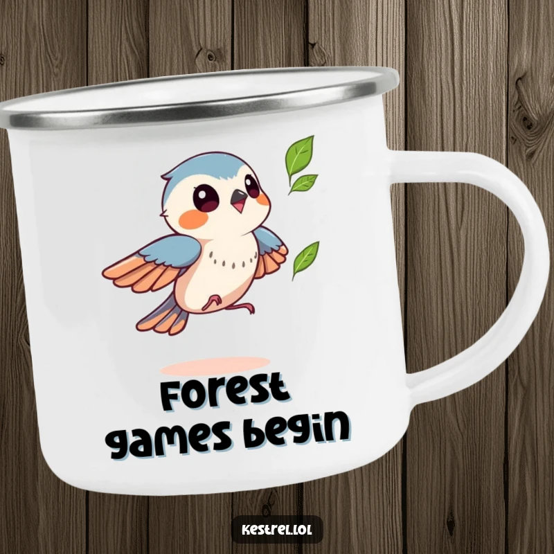 Funny kestrel camping mug showing a bird playfully chasing a leaf, ideal for outdoor fun, a humorous and durable autumn gift.