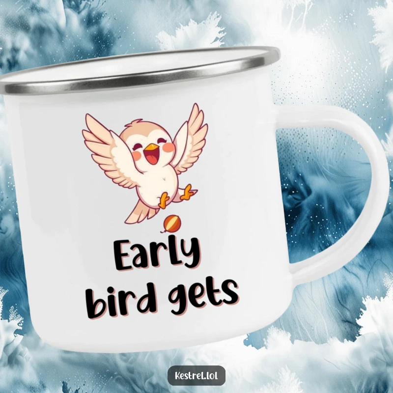 Funny kestrel camping mug with a delighted character joyfully diving towards small prey, perfect for outdoor humor and a focused start.