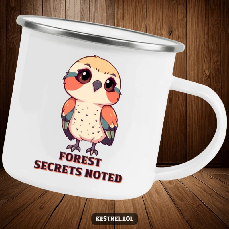 Funny kestrel camping mug showing a bird observing intensely, ideal for outdoor focus, a humorous and durable gift for adventurers.