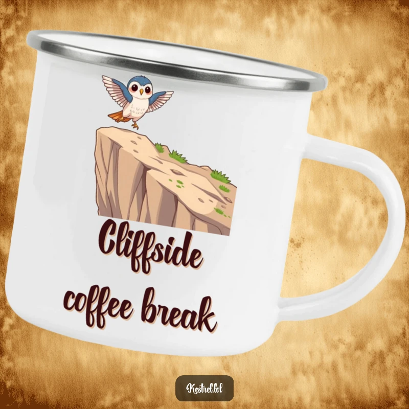 Funny focused kestrel camping mug showing a kestrel character landing gracefully on a cliff edge, designed for outdoor use.