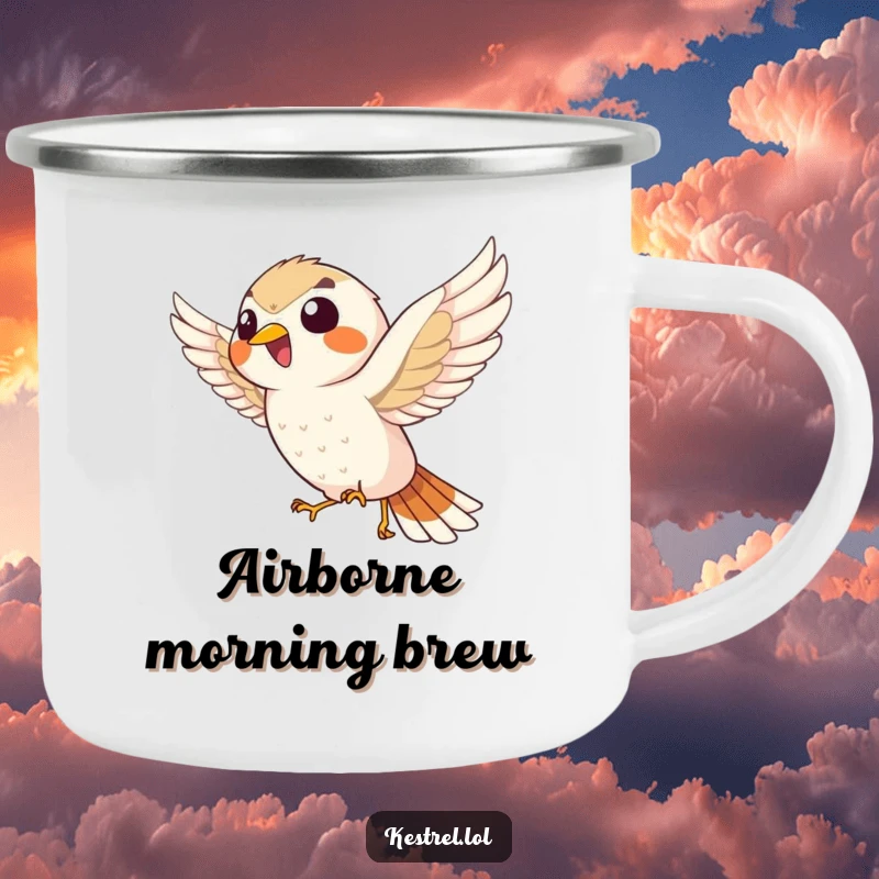 Funny giggling kestrel camping mug, the bird enthusiastically hovering, perfect for outdoor enthusiasts who love a laugh.
