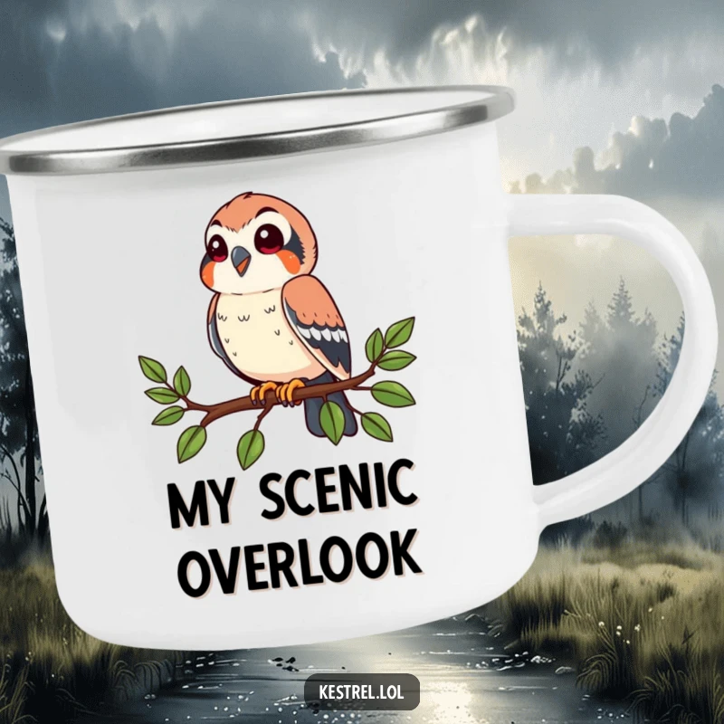 Funny kestrel camping mug showing a happy bird perched on a branch, looking around. Durable and humorous for outdoor use.