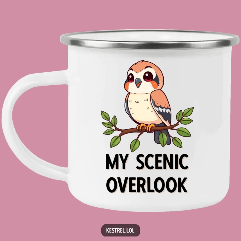 Funny Happy Kestrel Camping Mug: Perched Bird Watching Comfort Outdoors