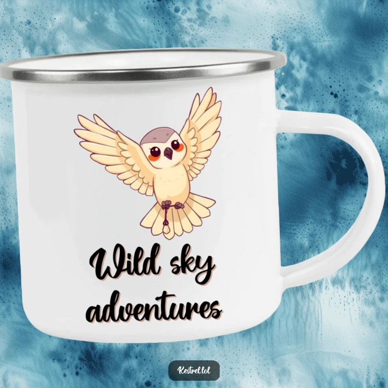 Funny camping mug featuring a kestrel character performing a graceful aerial maneuver, ready for outdoor elegance.