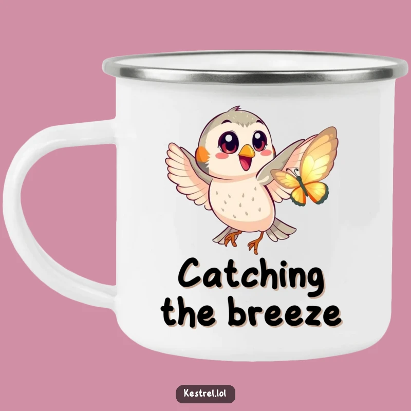 Funny Kestrel Butterfly Chase Camping Mug - Playful Big Eyes Outdoor Gift