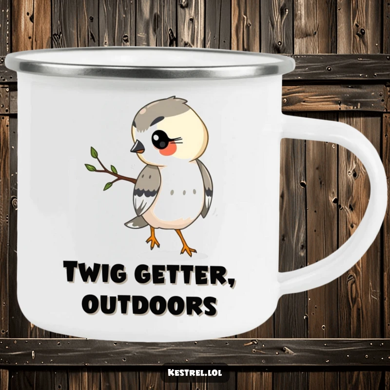 Funny kestrel camping mug featuring a busy kestrel with a twig, ideal for campfire conversations.
