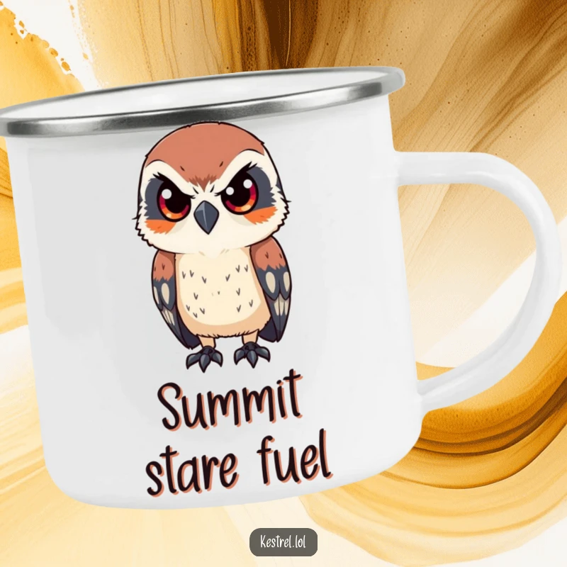Funny camping mug with a kestrel character looking intently with sharp eyes, durable and humorous for outdoor enthusiasts, a great funny gift.