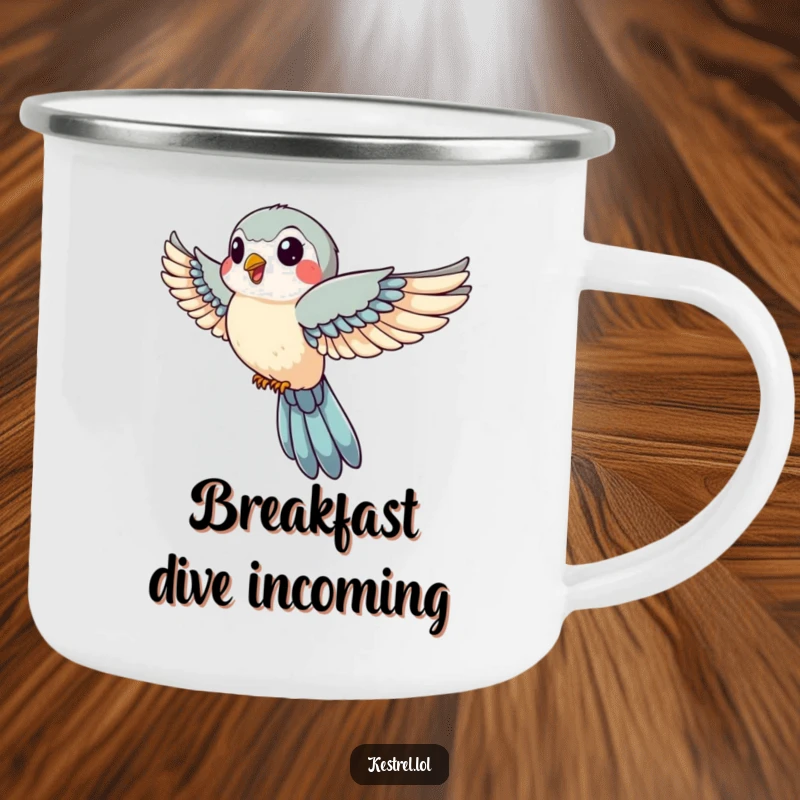Funny camping mug showcasing a jovial kestrel with wings tucked in swift descent, perfect for enjoying drinks outdoors with a humorous, adventurous spirit.