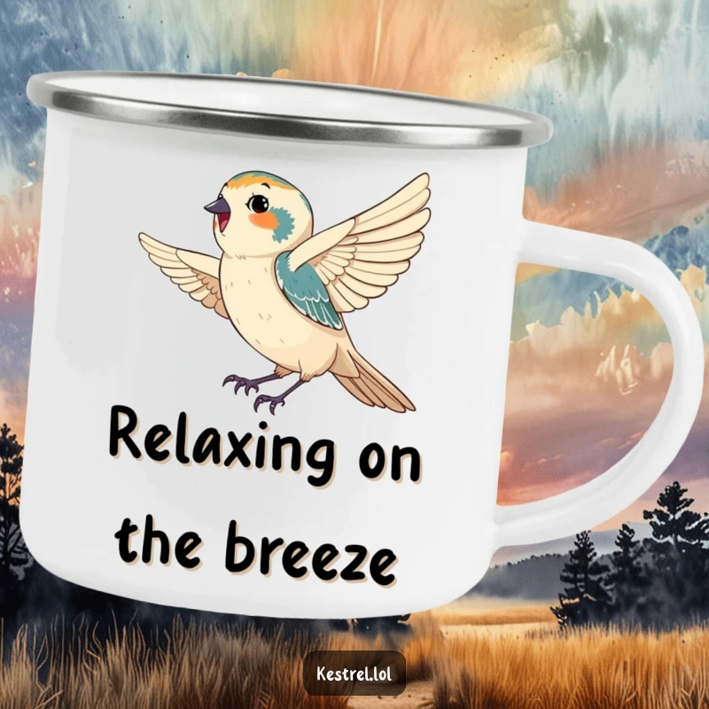 Funny camping mug showcasing a happy kestrel gracefully catching a gentle breeze, perfect for enjoying drinks outdoors with a humorous, serene spirit.