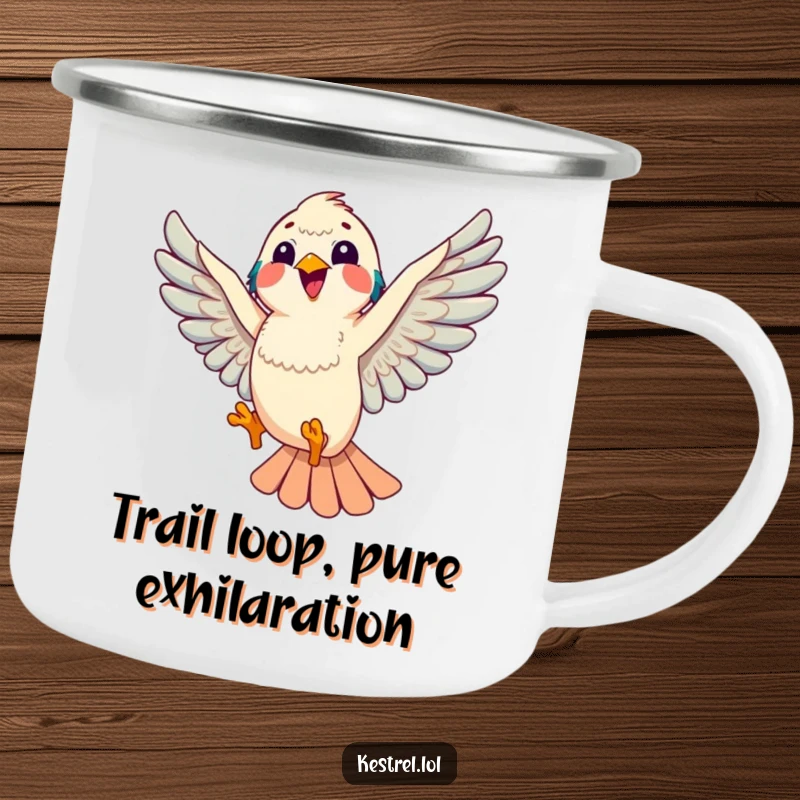 Funny kestrel camping mug showing a kestrel doing a playful aerial loop, durable for adventures, a humorous gift for outdoor enthusiasts.