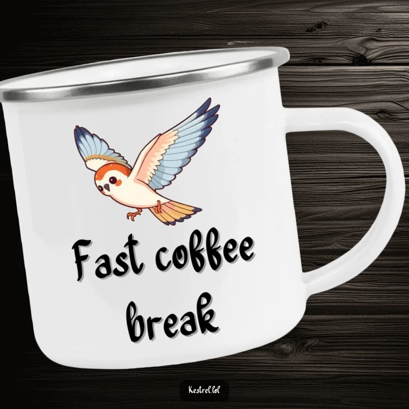 Funny kestrel camping mug showing a playful bird gracefully diving through the air, ready for adventure.