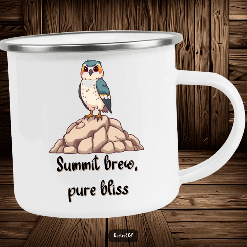 Funny kestrel camping mug featuring a proud falcon on a rocky outcrop, durable for adventures, a humorous gift for outdoor lovers.