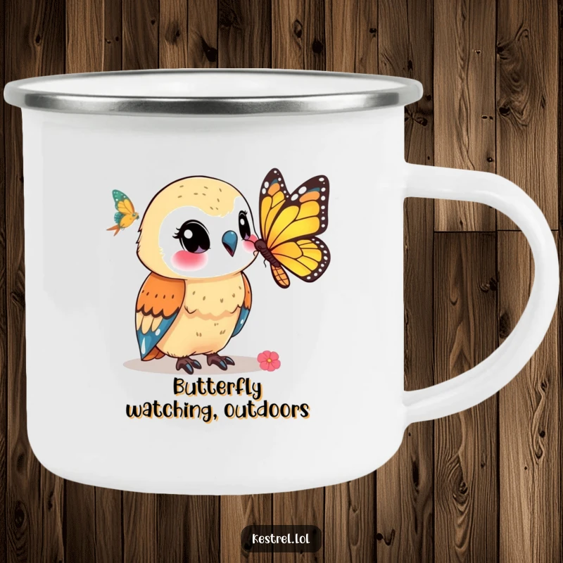 Funny kestrel camping mug featuring a smiling kestrel character watching a butterfly, perfect for enjoying nature's quiet beauty.