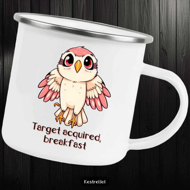 Funny kestrel camping mug showing a bird of prey in a dramatic, wide-eyed swoop, ready for any outdoor adventure.