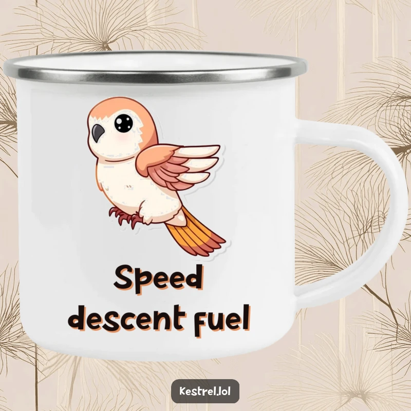 Funny camping mug featuring a kestrel character in a swift descent with tucked wings, perfect for outdoor adventurers.