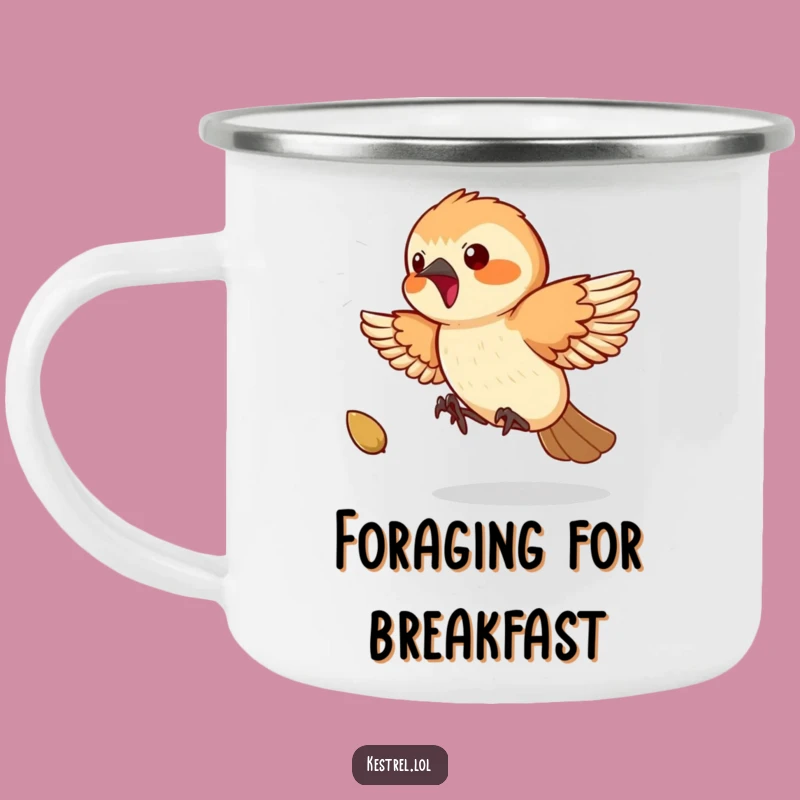 Funny Kestrel Seed Chase Camping Mug: Playful Bird Mug, Great Outdoor Funny Gift
