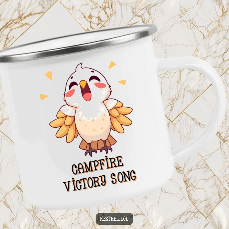 Funny triumphant kestrel camping mug showing a bird celebrating with a cry, durable and cheerful for outdoors.