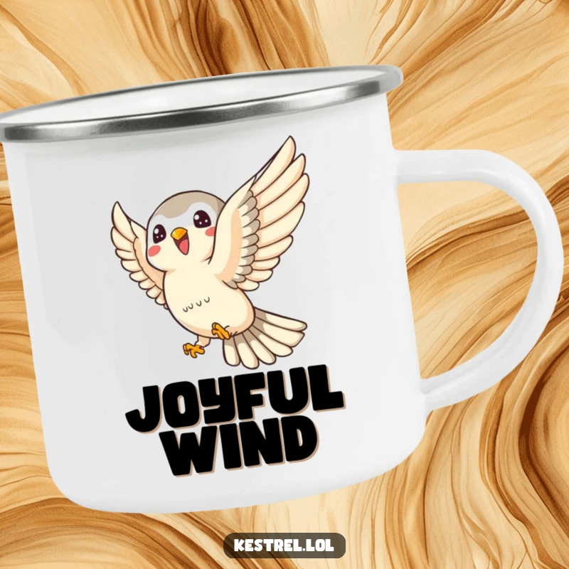 Funny kestrel camping mug featuring a joyful kestrel character swooping playfully, perfect for embracing outdoor fun.