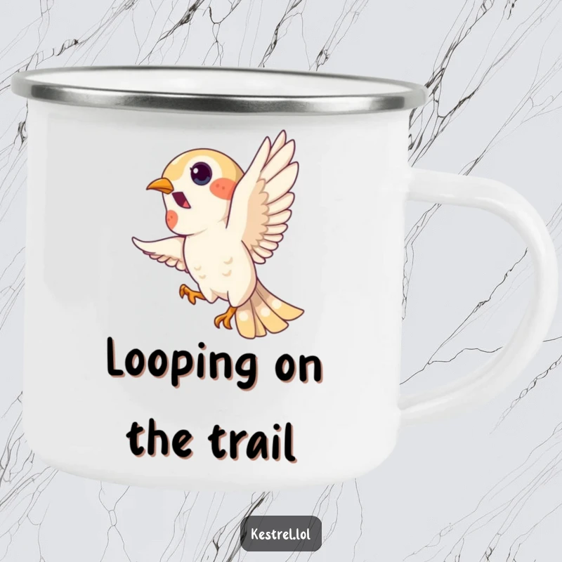 Funny kestrel camping mug, playful bird character doing a loop in the sky, durable enamel, humorous outdoor gear.